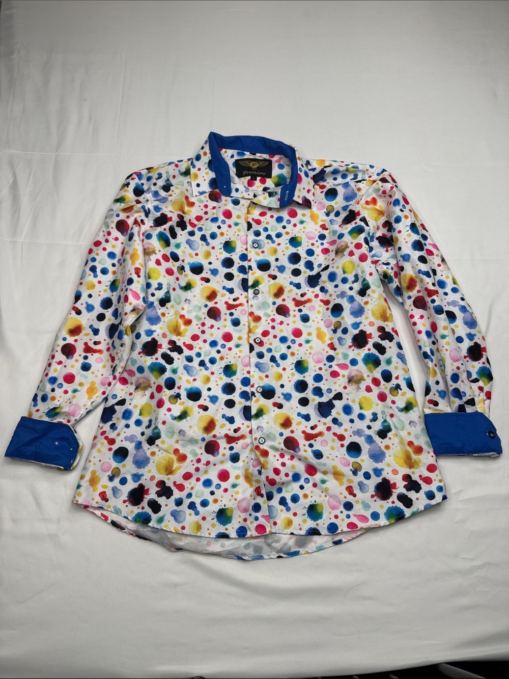 Premier mens Multicolor Polka Dot Shirt with Blue Trim size Large rainbow artist